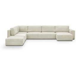 Canapé d'angle à gauche panoramique convertible modulable 8 places avec pouf en velours côtelé beige - Harper Mod