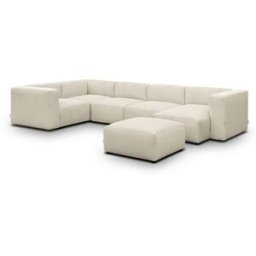 Canapé modulable panoramique 6 places avec méridienne à droite + pouf en velours côtelé beige - Modulo