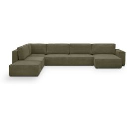 Canapé d'angle à gauche panoramique convertible modulable 8 places avec pouf en velours côtelé vert kaki - Harper Mod