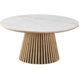 Table basse ronde plateau en céramique effet marbre et piètement bois clair - 80 cm- Ada