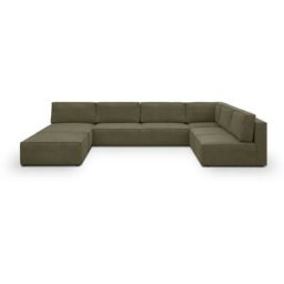 Canapé d'angle à droite panoramique modulable convertible 10 places avec pouf en velours côtelé vert kaki - Harper Mod