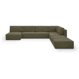 Canapé d'angle à droite panoramique convertible modulable 8 places avec 2 poufs en velours côtelé vert kaki - Harper Mod