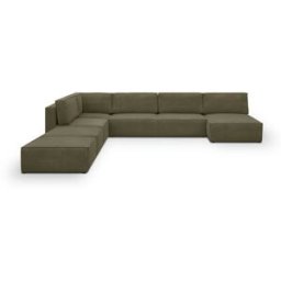Canapé d'angle à gauche panoramique convertible modulable 8 places avec 2 poufs en velours côtelé vert kaki - Harper Mod