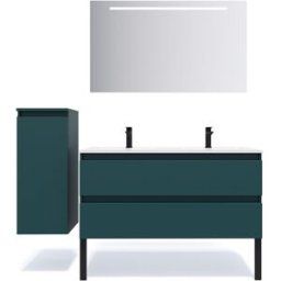 Meuble de salle de bain suspendu double vasque intégrée 120cm 2 tiroirs Bleu + miroir - Hudson