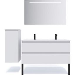 Meuble de salle de bain suspendu double vasque intégrée 120cm 2 tiroirs Blanc + miroir + colonne ouverture gauche - Hudson