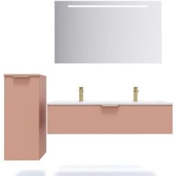 Meuble de salle de bain suspendu double vasque intégrée 120cm 1 tiroir Abricot + miroir + colonne ouverture gauche - Venice