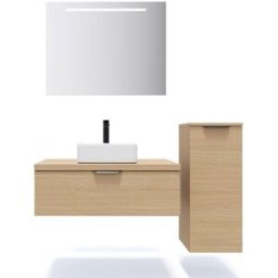 Meuble de salle de bain suspendu vasque à poser 90cm 1 tiroir Chêne clair + miroir + colonne ouverture droite - Soho
