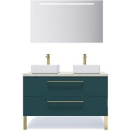 Meuble de salle de bain suspendu 2 vasques à poser 120cm 2 tiroirs Bleu + miroir - Glasgow