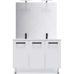 Meuble de salle de bain suspendu avec pieds double vasque intégrée 120cm 3 portes Blanc + miroir - Chelsea