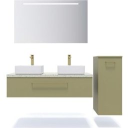 Meuble de salle de bain suspendu 2 vasques à poser 120cm 1 tiroir Vert olive + miroir + colonne ouverture droite - Glasgow