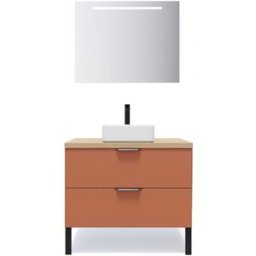 Meuble de salle de bain suspendu vasque à poser 90cm 2 tiroirs Terracotta + miroir - Soho