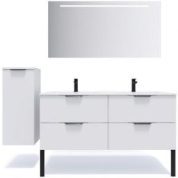 Meuble de salle de bain suspendu double vasque intégrée 140cm 4 tiroirs Blanc + miroir + colonne ouverture gauche - Soho