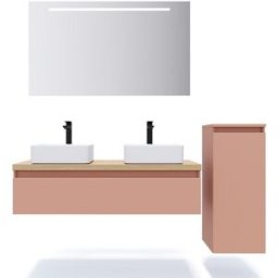 Meuble de salle de bain suspendu 2 vasques à poser 120cm 1 tiroir Abricot + miroir + colonne ouverture droite - Hudson