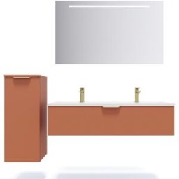 Meuble de salle de bain suspendu double vasque intégrée 120cm 1 tiroir Terracotta + miroir + colonne ouverture gauche - Venice