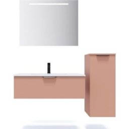 Meuble de salle de bain suspendu vasque intégrée 90cm 1 tiroir Abricot + miroir + colonne ouverture droite - Soho