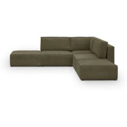 Canapé d'angle à droite modulable 4 places avec 2 poufs en velours côtelé vert kaki - Harper Mod