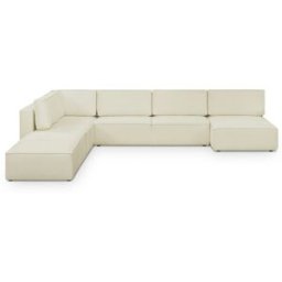 Canapé d'angle à gauche panoramique convertible modulable 8 places avec 2 poufs en tissu bouclé beige - Harper Mod
