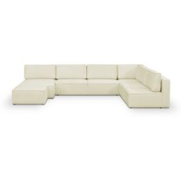 Canapé d'angle à droite panoramique modulable convertible 10 places avec pouf en tissu bouclé beige - Harper Mod