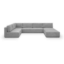 Canapé d'angle à gauche panoramique modulable convertible 10 places avec pouf en velours côtelé gris clair - Harper Mod