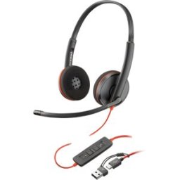 Poly Blackwire 3220 USB-C + dongle USB-C/A Casque filaire duo PC avec audio HD, protection acoustique et double connexion USB-A/USB-C.