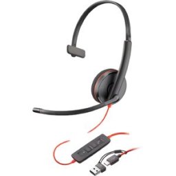 Poly Blackwire 3210 USB-C + dongle USB-C/A Micro-casque professionnel PC avec audio HD, protection acoustique et double connexion USB-A/USB-C.