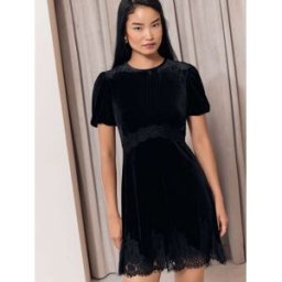 Lipsy Mini-robe Manche courte à bordures Dentelle en velours Noir FR 36 (EU 34)