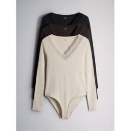 The Set The Set 3 Pack V-Neck Ribbed Lace Bodysuits Brun L (FR 46-48)