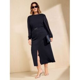 Friends Like These Friends Like These Robe mi-longue crayon à manches longues en mousseline bleu FR 52 (EU 50)