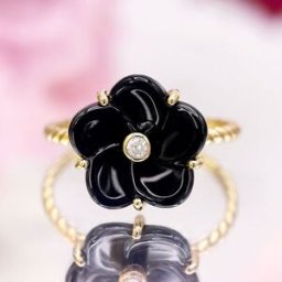 Di Joya - Bague Fleur Céramique noire Diamants 0.032 ct or jaune T.56