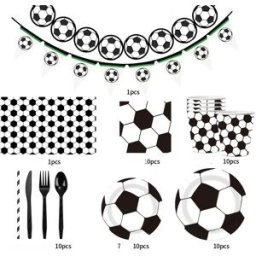 INF Ensemble de vaisselle jetable thème Coupe du Monde 10 pièces - kit football pour 10 invités, noir et blanc