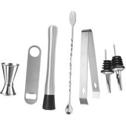 INF Ensemble d'outils de bar pour cocktails 7 pièces en acier inoxydable - pilon, gobelet doseur, fourchette intégrée, 2 becs