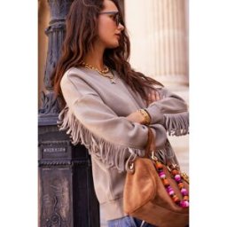 Sweat taupe à franges avec écusson My Jewellery Taupe M femme