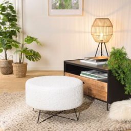 Macabane - Pouf rond tissu bouclette pieds croisés Albane blanc - 55x55x35 cm OS