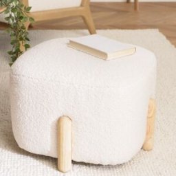 Macabane - Pouf en tissu bouclette écru et pieds bois OS