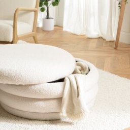 Macabane - Pouf L en tissu bouclette écru avec rangement OS