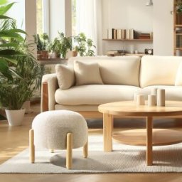 Macabane - Pouf en tissu effet laine beige et pieds bois OS