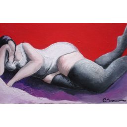 Sophie en guêpière sur les draps mauves n°2