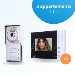 Portier interphone vidéo classic 4 fils - 3 appartements - 3 écrans noirs