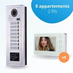 Portier interphone vidéo modern 2 fils - 8 appartements - 8 écrans blancs - avec lecteur de badge