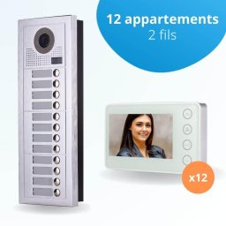 portier interphone vidéo modern 2 fils - 12 appartements - 12 écrans blancs