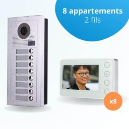 Portier interphone vidéo modern 2 fils - 8 appartements - 8 écrans blancs
