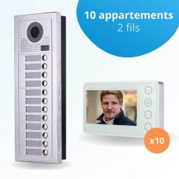 Portier interphone vidéo modern 2 fils - 10 appartements - 10 écrans blancs