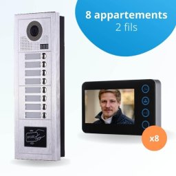Portier interphone vidéo modern 2 fils - 8 appartements - 8 écrans noirs - avec lecteur de badge