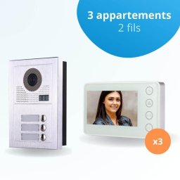 Portier interphone vidéo modern 2 fils - 3 appartements - 3 écrans blancs
