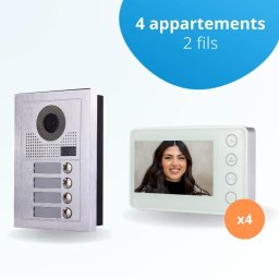 Portier interphone vidéo modern 2 fils - 4 appartements - 4 écrans blancs