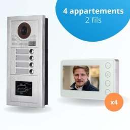 Portier interphone vidéo modern 2 fils - 4 appartements - 4 écrans blancs - avec lecteur de badge