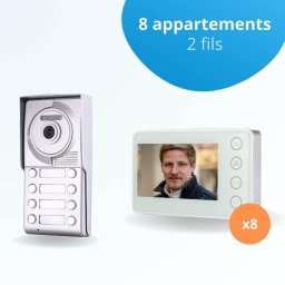Portier interphone vidéo neo 2 fils - 8 appartements - 8 écrans blancs