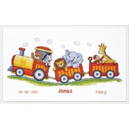 Tableau de naissance à broder ""animaux dans le train"", 38 x 18 cm