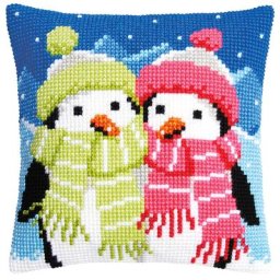 Devant de coussin à broder ""pingouins en hiver