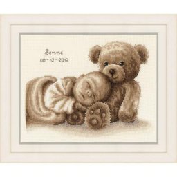 Tableau de naissance à broder ""bébé et ourson"", 28 x 22 cm